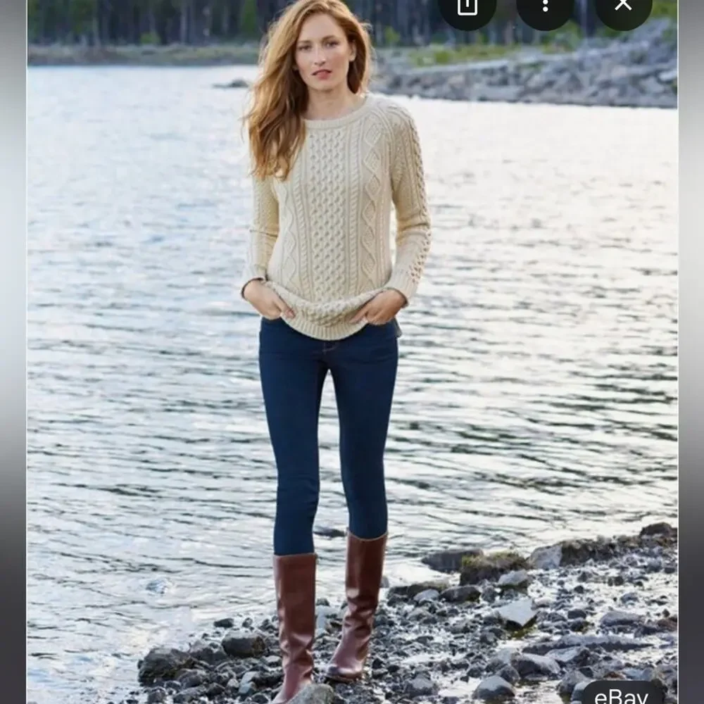 LL Bean Signature Tunic Fisherman Sweater Cream Cable Knit Crewneck Large